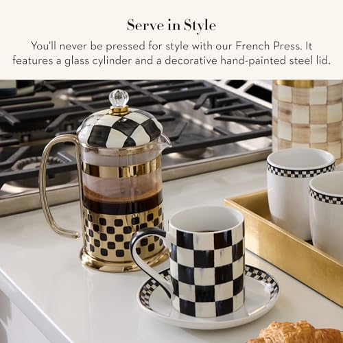 MACKENZIE-CHILDS Coffee French Press, Glass French-Press Coffee Maker, 32-Ounce Capacity, Black-and-White Courtly Check - Additional View