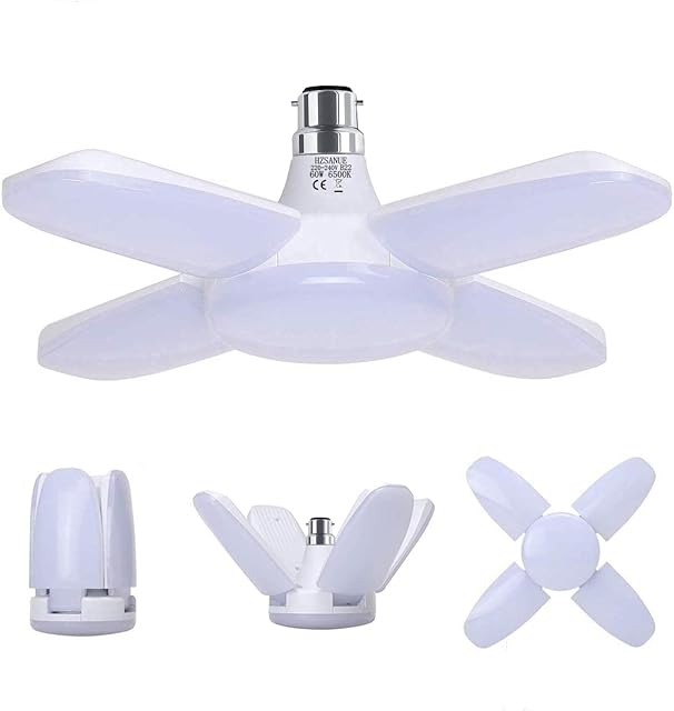 HZSANUE B22 Bayonet LED Garage Light 60W, 6500K Daylight White 6800Lm Deformable Workshop Lamp with 4 Adjustable Panels, LED Ceiling Lighting, for Garages, Basement, Warehouse, Attic, Gym (Pack of 1)