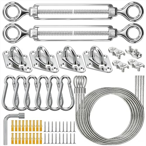 HYASIA Shade Sail Hardware Kit with Wire Ropes 304 Stainless Steel Heavy-Duty Rustproof Turnbuckles Hardware for Triangle Rectangle Square Sun Shade Sails Ideal for Patios Gardens Lawns Outdoor