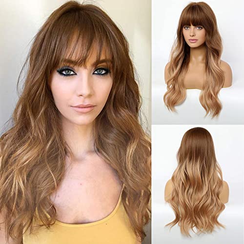 COOlHAlR Brown to Blonde Wig for Women Long Hair Wigs With Bangs