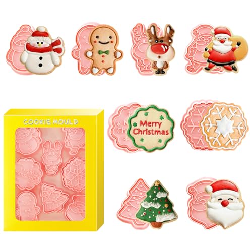 Christmas Cookie Cutters with Stamps Set, Xmas Cookie Plunger Mold, 3D Pressable Biscuit Cutters, Gingerbread Man/Christmas Tree/Snowman/Reindeer/Santa, Embossed Pastry Cutters for Kitchen Baking