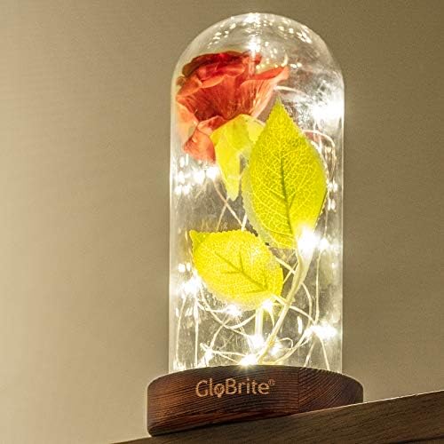 GloBrite Galaxy Enchanted Red Rose with 20 LED Lights Pine Base in Glass Dome and Wooden Base - Romantic Home Decor for Christmas Gift, Wedding, Anniversary, Mother's Day, Birthday