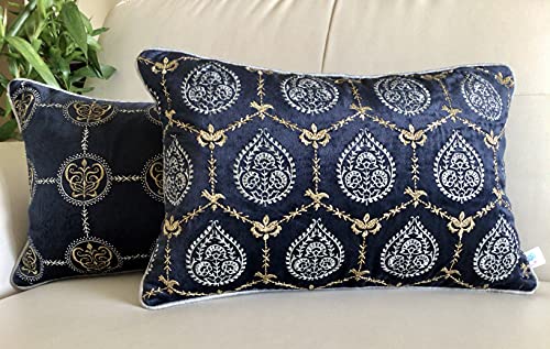 Image of TARA- Sparkling Homes 12 x 18 Inches Embroidered Velvet Cushion Covers, 'Padmini' from 'The Royal Collection', Set of 1 (Midnight Blue, 12 x 18 Inches)