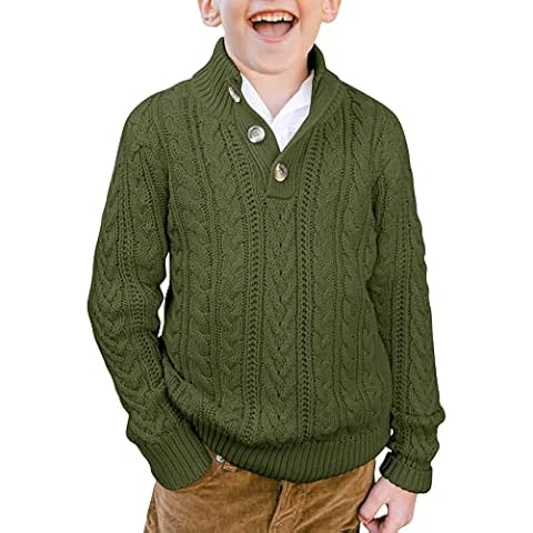 Fommykin Boys Kids Mock Neck Pullover Sweater Cable Knitted Buttons Twisted Thermal Sweaters, Army Green, 8-10 Years Cover