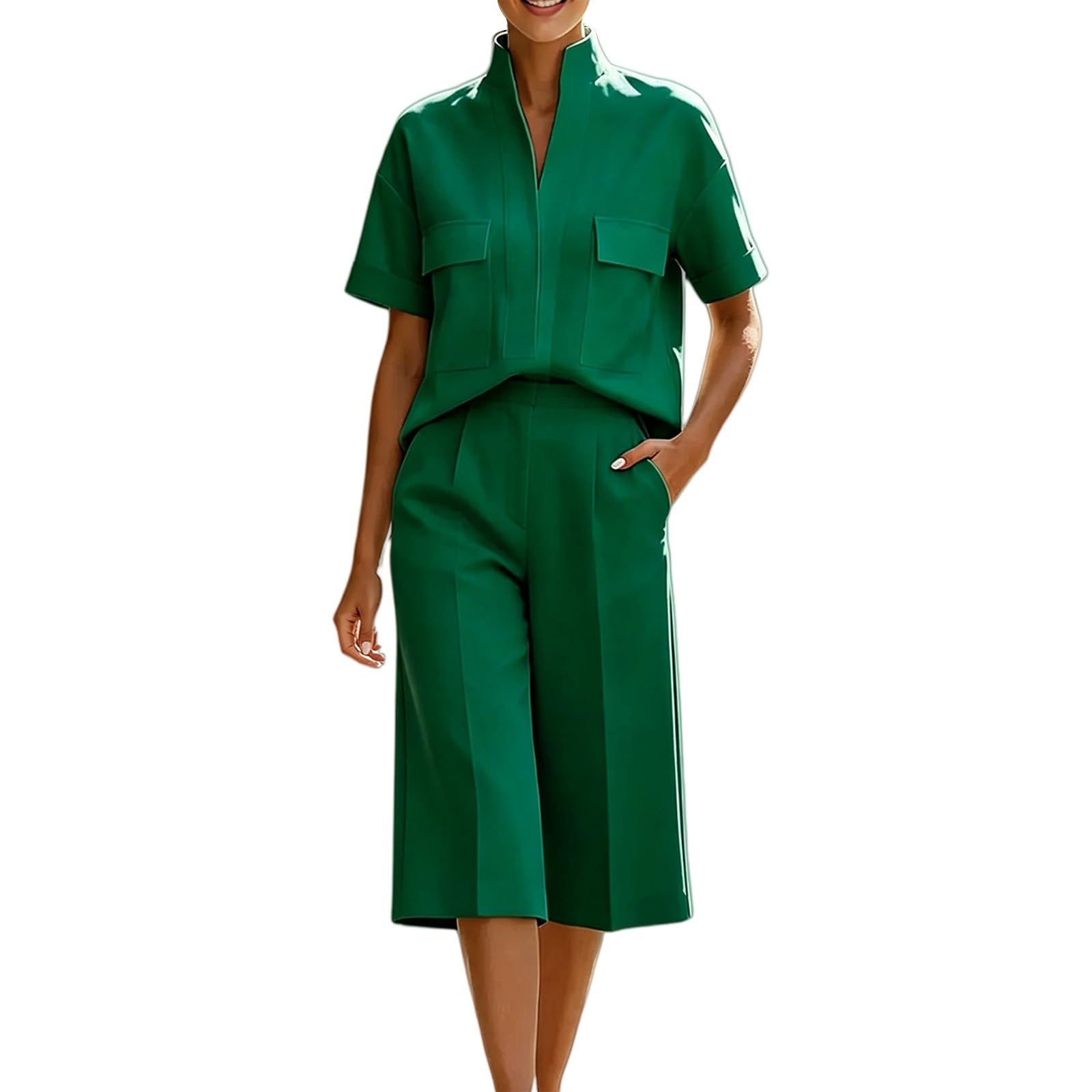 Tuta da lavoro da donna, in tinta unita, in due pezzi, maniche corte, scollo a V, bottoni, camicetta a 7/8, pantaloni a gamba larga, abbigliamento da ufficio, leggero e traspirante
