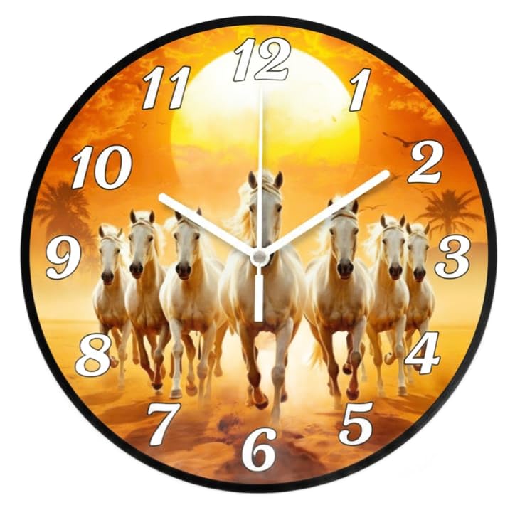 Seven Running Horses Wall Clock, Round, Black Frame-picture-32