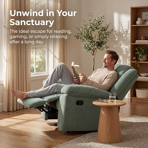 Image of Oversized Corduroy Recliner Chair, Manual Lazy Boy Recliner with Home Theater Seating, Breathable Living Room Reclining Chair for Adults Reading, Gaming, Relax, Green