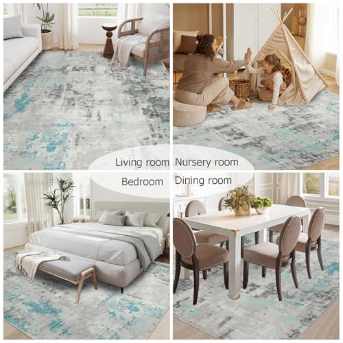 Tapis moderne abstrait bleu et gris famibay résistant et lavable - 8