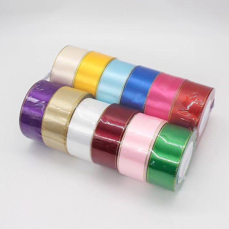 Mother’s Day Ribbion 1-1/2 in Arts Crafts Sewing 12 Colors 25 Yard Satin Ribbon with Golden Line,Trim Bouquet Bow Christmas Tree Curl Decoration DIY Floral Garland Handmade Party Rainbow Mixed Color