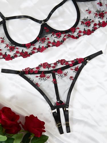 Image of Lilosy Sexy Underwire Floral Lace Sheer Lingerie Set for Women See Through Bra and Panty 2 Piece