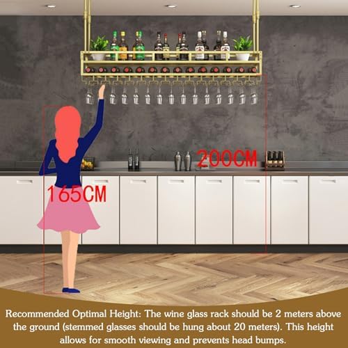 Industrial Hanging Wine Glass Rack - Adjustable Hanging 2 Layer Wine Bottle & Glass Holder, Iron Bar Liquor Metal Ceiling Shelf Organizer with Storage for Bar, Kitchen, Cafe(Gold,23.6in)