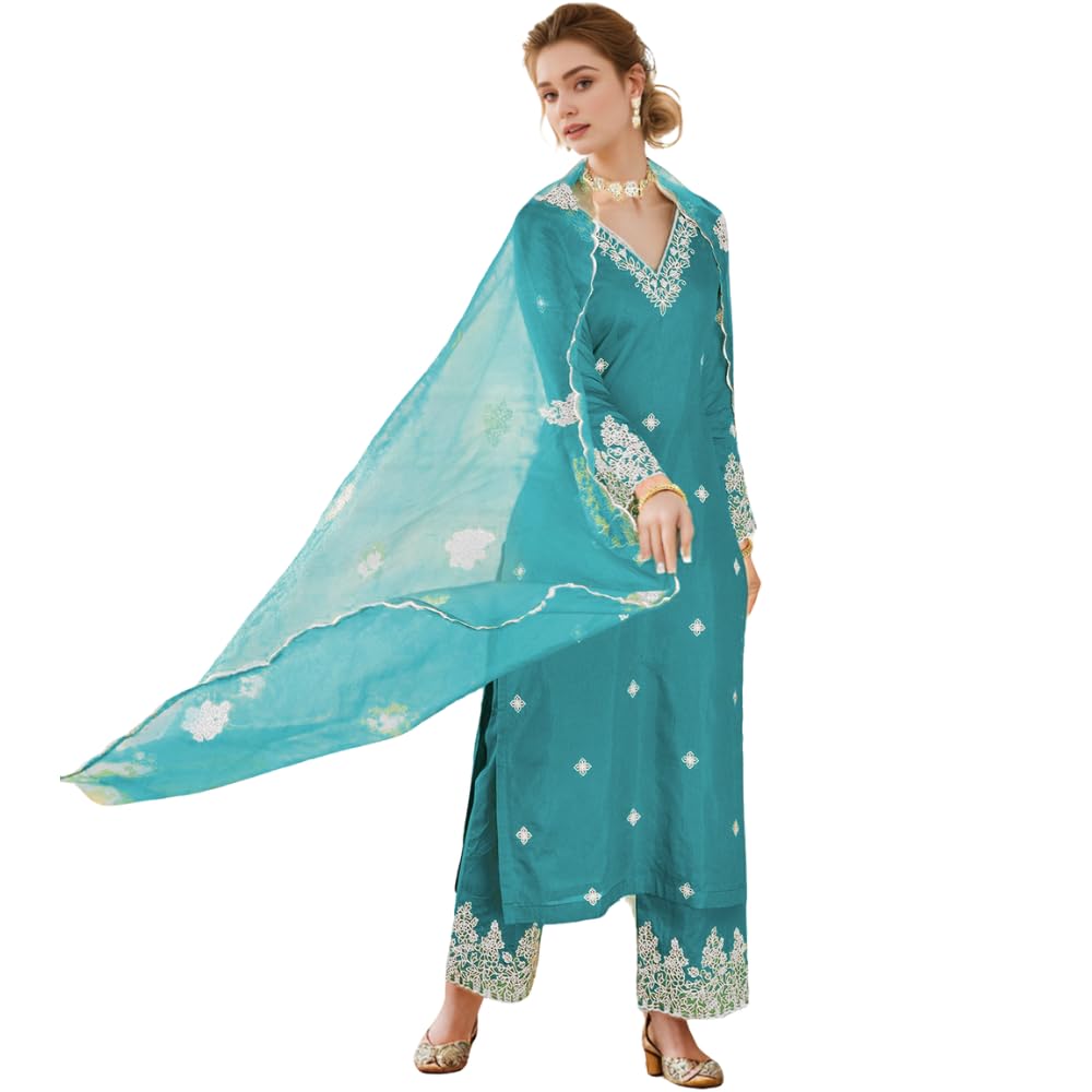 Shienzy Women's Embroidered Chanderi Kurta Pant Set With Net Dupatta | V Neck, 3/4 Sleeve Ethnic Set | Outfit For Office Wear (1657_Rm_Xxl)