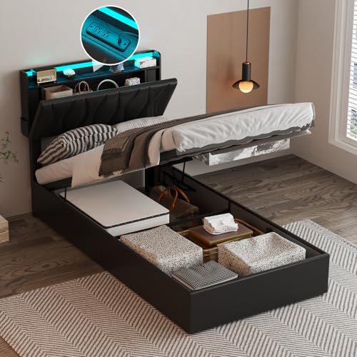 Fameill Twin Size Lift Up Storage Bed Frame with Adjustable Headboard, Charging Station, LED Lights, Wood Slats, Noise-Free, No Box Spring Needed, Black