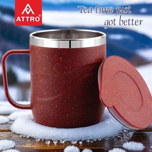 Image of ATTRO Brew Mug - Stainless Steel Inner with eco Friendly Outer Body,Durable & Stylish, Microwave Safe Coffee /Tea Mug with Handle & Lid, Ideal for Home, Office, Travel & Gifting - 300ml - Crimson Red