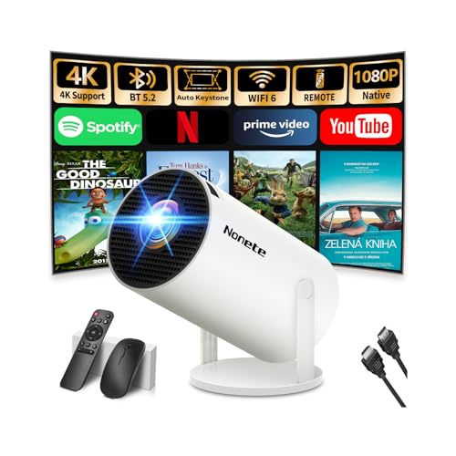 【Built-in Apps】 Mini Projector 1080P, 4K Projector Full HD with WiFi 6 and Bluetooth 5.2, Support 270° Rotatable Portable Projector with Auto Keystone Correction, Compatible with Phone/HDMI/USB-White