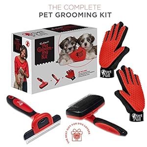 Complete Professional Pet Grooming Kit – Self Cleaning Slicker Brush for Dogs & Cats – Pro Grooming Brush Effectively Reduces Shedding Fur |Hair Remover Brush Gloves – Combo Gift Set