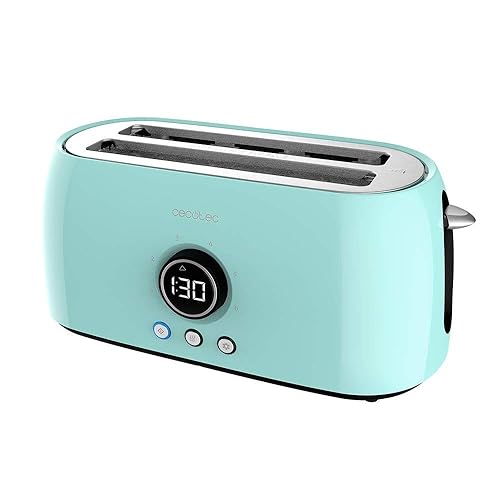 Cecotec Tostadora Digital ClassicToast 15000 Blue Extra Double. 1500 W, 2 Ranuras largas extraanchas para 4 tostadas, Pantalla Digital, 3 Funciones, Varillas Superiores, Turquesa - 4 Tostadas - Blue