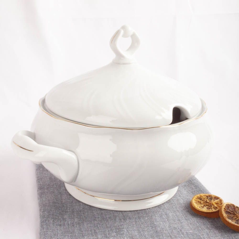 Franquihogar - Lubeck, Zuppiera in porcellana con coperchio, per zuppe, classica, con filo oro e decorazione, 1 l