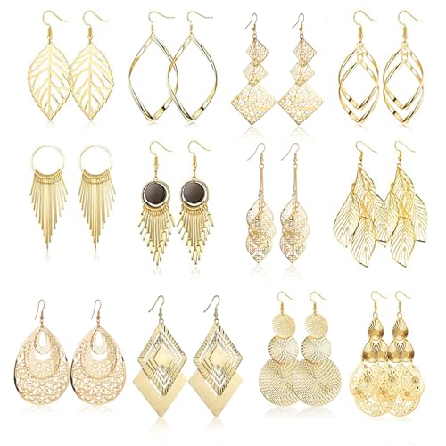 Uwiyo 12 Paires Boucles d'Oreilles Pendantes Or pour Femmes Filles, Boucles d'Oreilles Boho à pampilles en diamant et feuille en forme de goutte d'eau