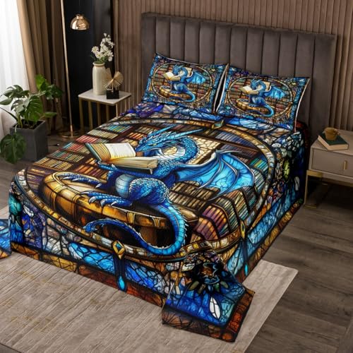 Western Dragon Kids Bedspread Queen Size,Blue Dragon Reading Book Bookshelf Coverlet Set,Boys Girls Room Decor,Geometric Patchwork Abstract Quilted Coverlet,Trippy Chic Bedding Quilt,2 Pillowcases
