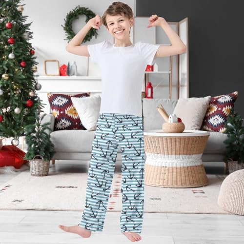 Boy's Lounge Pants Anchor Blue White Striped Kids Jogger Pants Elastic Waist Long Bottoms with Pockets 6-14 Years2
