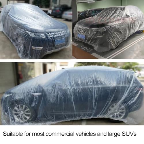 Image of 4 Packs Disposable Car Cover Clear Plastic Car Cover Universal Rain Dust Garage Cover with Elastic Band Medium (15.7FT x 24.6FT)