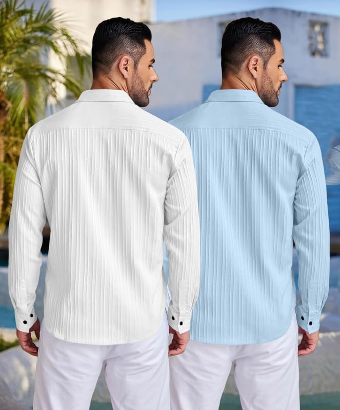 Image of FINIVO FASHION Men's Cotton Blend Shirt Set Lightweight, Full Sleeves, Plain Texture, Button Closure, Summer Ready (Pack of 2)