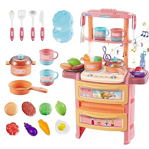 RedCrab Cocinitas de Juguetes para Niños, 56cm Juego de rol de Cocina con Función Luz, Sonido y Agua Incluye 21 Piezas Accesorios Cocina para Niños y Niñas 3+ Años (Rosa)