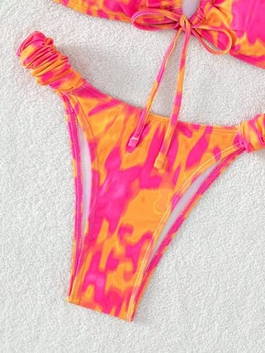 Women's Floral Print Bathing Suit Ruffle Trim Tie Back Swimsuit Bikini Set 2 Piece4