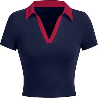 Avanova Women Polo Collared V Neck Tee Shirts Ringer Short Sleeve Crop Tops