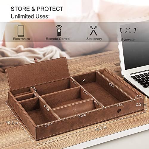 SITHON Valet Tray Desktop Organizer - 8 Compartments Catchall EDC Tray PU Leather Bedside Vanity Tray Nightstand Caddy Coin Box Key Jewelry Storage Organizer, (Brown)