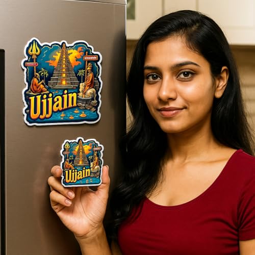 Image of Naxon Ujjain Mahakal Temple Theme Souvenir Wooden Fridge Magnet for Refrigerator - Printed Fridge Magnet for Kitchen & Home Decor | Perfect Souvenir Gift | Size 3x3 in | Pack of 1