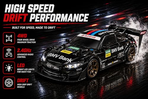 Image of BMW Style 1:16 or 1 16 RC Drift Car, 2.4GHz Remote Control Racing Car, 4WD High Speed with LED Lights, Proportional Throttle, Extra Drift Wheels for Kids (Black)