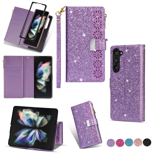 Étui pour Samsung Galaxy Z Fold 6 violet, housse en cuir pailleté à rabat magnétique