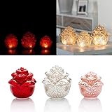 inkl. Batterien 3er Set LED beleuchtete Glasrosen, Timer, Rosen-Blüten Silber-Glas, Crackle-Optik (Silber)