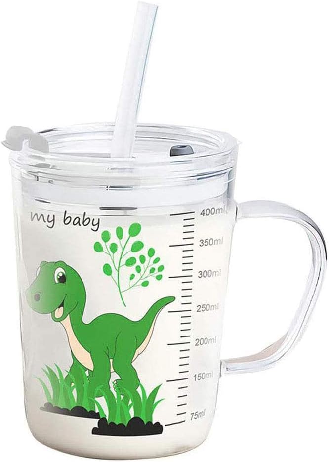 Kids Milk Cup with Straw, 400ml Transparent Glass Learn to Drink Trainer Cup, Microwave Safe Drinking Mug with Leak-Proof Lid for Toddlers Kids (#2)