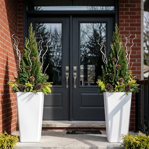 KOL Planters for Outdoor Plants, 28 Inch Tall White Flower Pots 2 Pack, Large Plastic Plant Pots with Drainage Hole and Dual-Purpose Tray, Decorative Indoor Planter for Front Porch Patio Garden by KOL - Used condition - Image 2