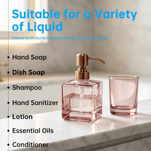 Image of Square Soap Dispenser Glass Blush Pink and Brushed Copper, 8.4oz