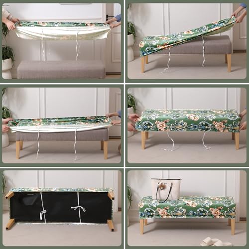 Image of HOKIPO Premium Printed Velvet Elastic Dining Bench Cover, Green Victorian Garden (AR-5798-D4)