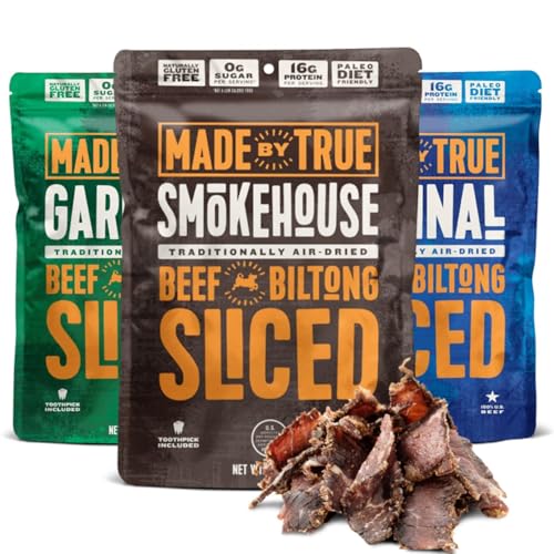 Made by True Beef Sliced Bites Savory Variety (2 oz, Pack of 3) - All Natural, Zero-Sugar True Jerky Biltong - High Protein, Keto, Paleo & Whole30 Diet - Sugar-Free, Gluten-Free, Carb-Free