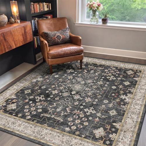 Washable Square 6x6 Area Rug for Reading Corner - Black