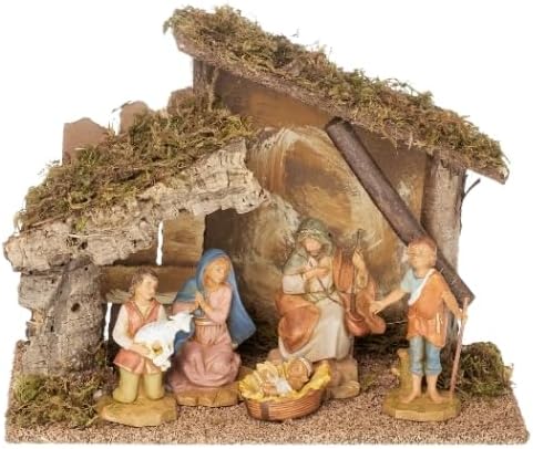 Fontanini by Roman 5" Nativity Set with Italian Stable – 5-Piece Hand-Painted Figure Set with 9" x 12" Wood and Moss Creche – Made in Italy