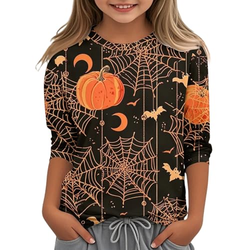 Girls Halloween Long Sleeve Shirt Cute Pumpkin Bat Web Print Top Casual Crewneck Pullover for Kids Holiday Party4