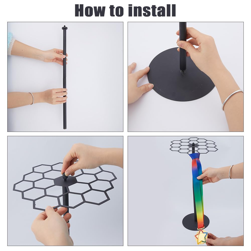 DICOSMETIC Espositore per medaglie Honor Display 360° Spinning Medaglie Esagonale da Tavolo Espositore per Medaglie 25,5 x 26 x 52,55 cm Organizzatore per Medaglie da Corsa in Acciaio Contiene oltre