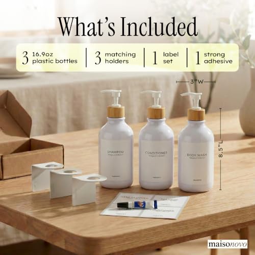 Image of MaisoNovo Shampoo and Conditioner Dispenser|Refillable White Bamboo 3-Pack