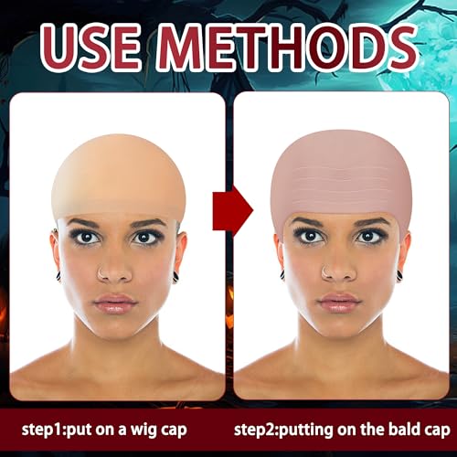Iceyyyy 12 PCS Halloween Bald Caps Set,Makeup Bald Cap with 8 Pcs Wig Caps,Bald Head Costume Accessories for Men Women Halloween Party,April Fools Cosplay and Stage Performance(Pink)