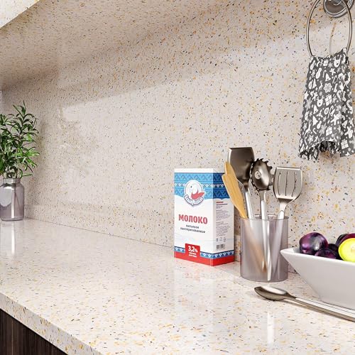 Image of TEKCOOL Granite Self Adhesive Waterproof Contact Film Wallpaper for Countertops Cupboard Door, Almirah, Fridge, Tabletop, Wall, Floor Renovation Projects (60X200 cm, Glossy Gold-3pc) - Solid