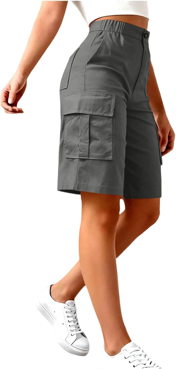 Cargo Shorts Women Elastic Waist Bermuda Shorts Lightweight Hiking Short Pants Button Up Cargo Pants with Pockets