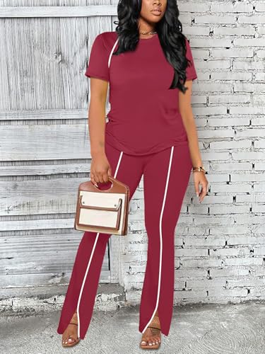 Image of STOLKISS Women 2 Piece Outfits Summer Workout Sweatsuit Striped Short Sleeve Long Flare Pants Casual Travel Tracksuit