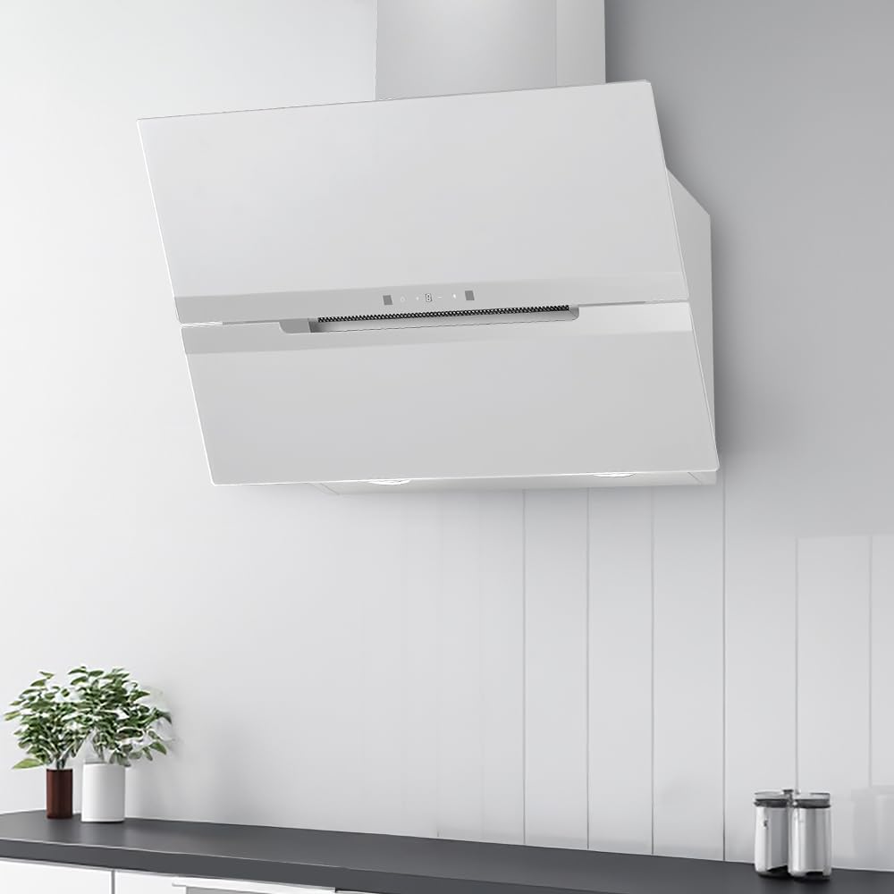 Hyundai Campana Extractora Inclinada 60cm, Cristal blanco, HCDE60DCW00. Potencia 831m3/h, 3 Velocidades, 2 Filtros, 64 dB Nivel Sonoro, Control Táctil, Filtros aptos para Lavavajillas